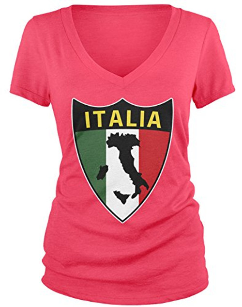 Amdesco Junior's Italia Flag Shield- Love Home Italy- Italian V-Neck T-Shirt- Azalea XL