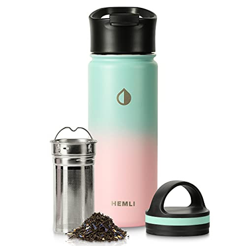 Stainless Steel Insulated Tea Infuser Bottle - 18 oz. Insulated Tea Tumbler Thermos with Removable Tea Infuser - Tea Travel Mug with 2 Lids