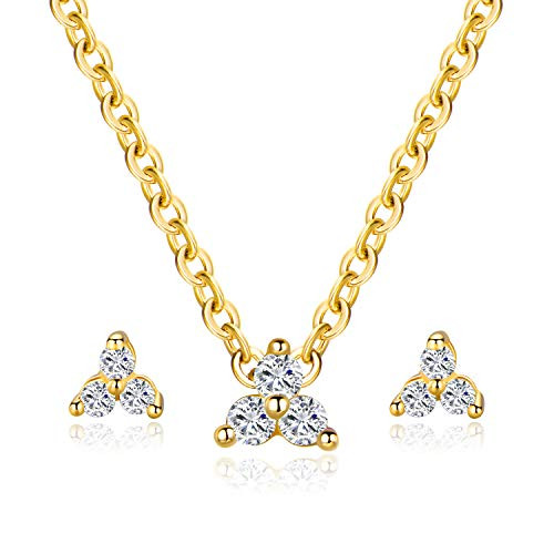 Classic Halo Necklace and Stud Earring for Women and Girls- 18K Gold Plated Sparkle Cubic Zirconia Round Cut Clover Earring and Pendant Jewelry Set -Gold- Classic Halo Necklace and Stud Earring for Women and Girls- 18K Gold Plated Sparkle Cubic Zirconia Round Cut Clover Earring and Pendant Jewelry Set -Gold-