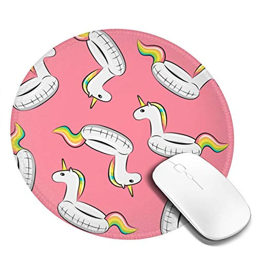 Unicorn Pool Float Toss On Pink Small Round Mouse Pad- Mouse Mat Mousepad with Stitched Edge for Computers- Laptop- Office and Home