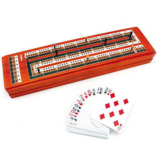 CRIBBAGE BOARD GAME SET. Unique Large Wooden Continuous 3 Track Board with Larger Storage Area- 9 Metal Pegs and 2 Decks of Playing Cards.