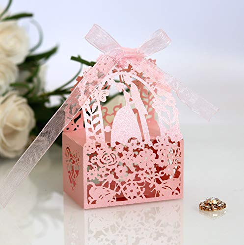 Flonding Party Favor Box- 50Pcs Pink Paper Laser Cut Gift Box Wedding Hollow Candy Boxes for Wedding Bridal Shower Baby Birthday Party