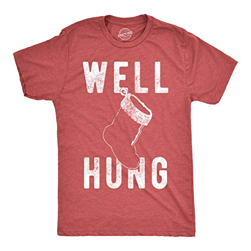 Mens Well Hung T Shirt Funny Christmas Stocking Tee Offensive Humor Xmas Gifts -Heather Red- - 4XL