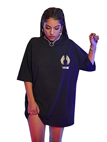 WDIRARA Women's Wings Graphic Print Round Neck T Shirt Casual Short Sleeve Tee Black S