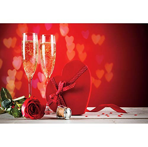 Leyiyi 5x4ft Valentine's Day Polyester Photography Backdrop Heart-Shaped Gift Box Red Rose Champagne Background Wooden Board Photo Studio Props