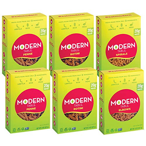 Modern Table Complete Protein Lentil Pasta- Variety Pack- Contains -2- Rotini- -2- Penne- -1- Elbows- -1- Spirals- 8oz- 6 Count- Gluten Free- No Artificial Preservatives