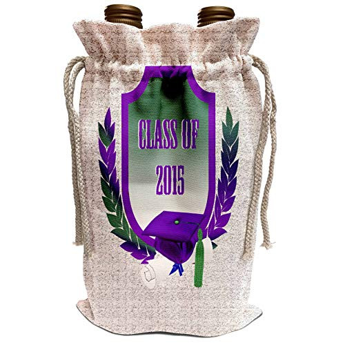 3dRose Beverly Turner Graduation Design - Purple and Green Cap and Diploma on Shield with Leaves- Class of 2015 - Wine Bag -wbg-203326-1-