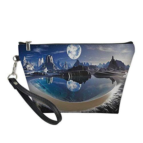 Fantasy House Decor Useful Cosmetic Bag-Reflection of Earth in Crystal Pool Alien Planet Fantasy Panoramic View for Travel-for Women Makeup Bags Pouch Purse Handbag Organizer