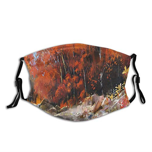 Comfortable Printed mask-River With Rocks Autumn Forest Peaceful Artistic Paint Of Scenic Woods Art-Windproof Facial decorations for Adults