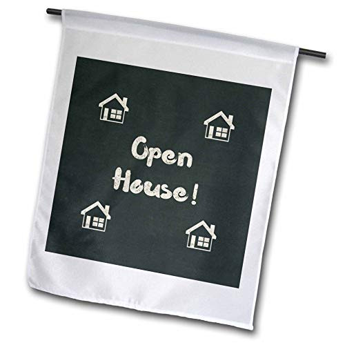 3dRose Beverly Turner Real Estate Client Relations Design - Open House- and Houses- Chalkboard Look- Black and Off White - 12 x 18 inch Garden Flag -fl-313286-1-