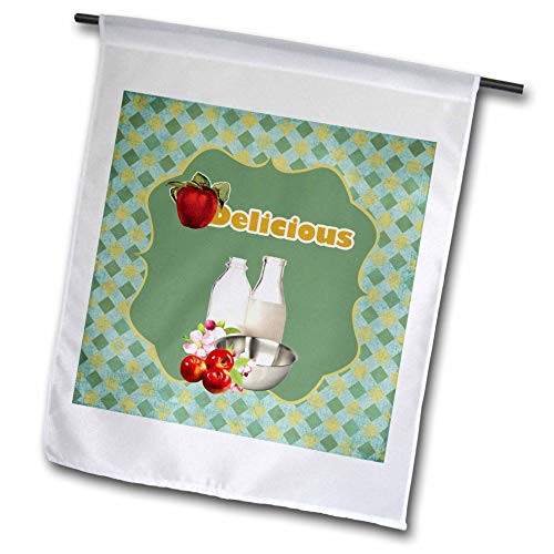 3dRose Beverly Turner in The Kitchen Design - Delicious- Apples- Milk- Bowl- Jars and Flowers in Frame on Checks - 12 x 18 inch Garden Flag -fl-308978-1-