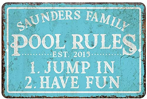 Auwozc Personalized Vintage Distressed Look Pool Rules Room Sign 1.Jump in 2.Have Fun Customized Name Home Decor Wall Art Decor Aluminum Sign for Outdoor