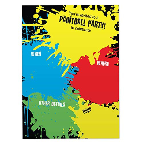 Grunge Splatter Paintball Birthday Party Invitations- Set of 20 Fill-in 5x7 Invites and Envelopes