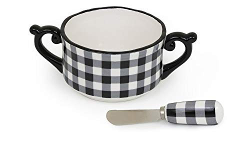 Boston International Ceramic Bowl and Stainless Steel Spreader- 4.75 x 2.75-Inches- Black  and  White Check