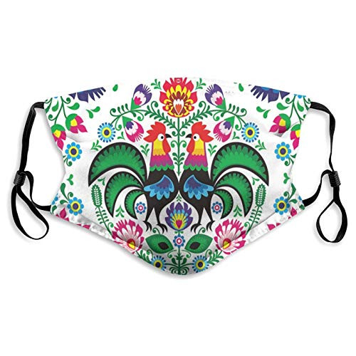 Funny Print Breathable Mouth Masks-Hip Hop Dust Face Masks Traditional Folkloric Polish Wzory Lowickie With Flowers Leaves And Roosters-Washable And Reusable Windproof Masks-M