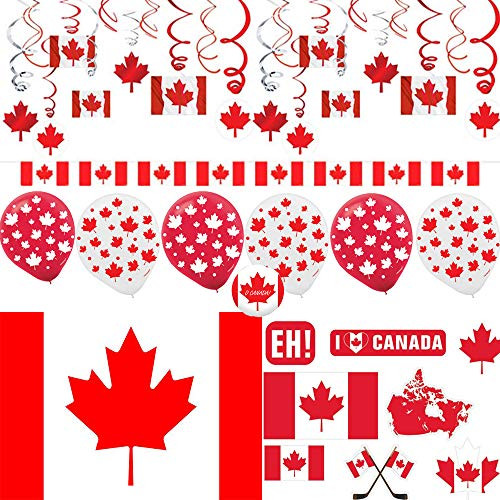 Canada Day Party Decoration Pack With Canada Themed Hanging Decorations, Canada Flag Banner, Canada Inspired Cutouts, 12 Canadian Flags, Canadian Maple Leaf Balloons, and O Canada Pin By Another Dream