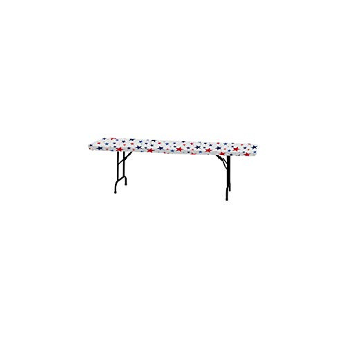 Creative Converting Patriotic Stars Stay Put Plastic Tablecloth- 30" x 96"- Red- White and Blue