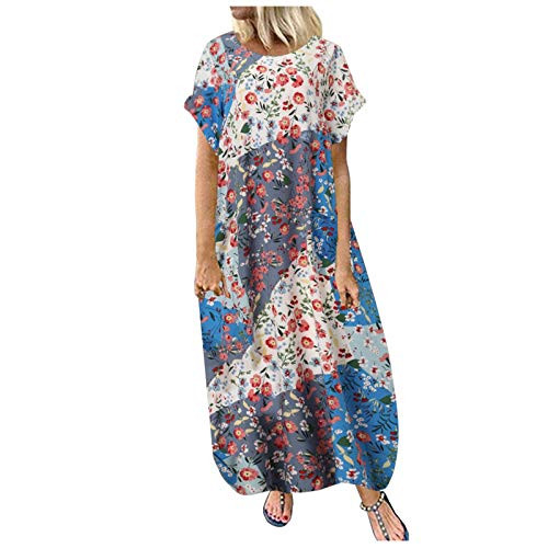 Summer Dresses for Women Baggy Vintage Floral Printed Beach Dress Casual Plus Size Short Sleeve Crewneck Long Maxi Dress