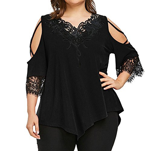 Plus Size Women's Lace Off Shoulder T-Shirt Tops 3/4 Sleeve V Neck Cold Shoulder T-Shirt Tunic Tops S-5XL
