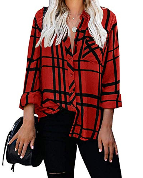 Womens Plaid Flannel Shirt Long Sleeve Button Down Collared Tops Work Blouse with Pocket -Red- Large-