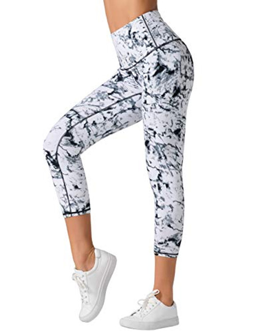 Dragon Fit Compression Yoga Pants with Inner Pockets in High Waist Athletic Pants Tummy Control Stretch Workout Yoga Leggings -Medium- Capri36-Marble-