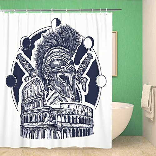 Awowee Bathroom Shower Curtain Spartan Helmet Crossed Swords Shield and Colosseum Tattoo Symbol Polyester Fabric 60x72 inches Waterproof Bath Curtain Set with Hooks