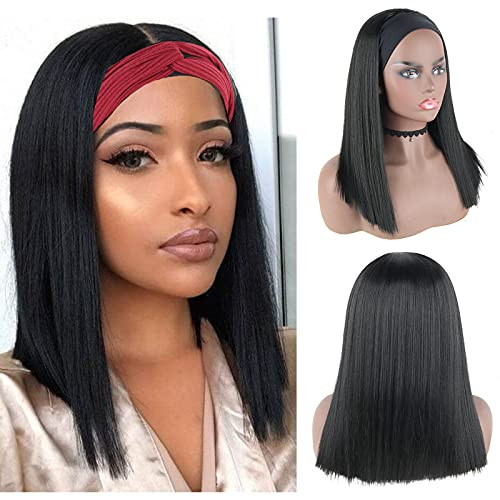 Aisaide Short Bob Wig Bob Straight Headband Wigs for Black Women-Synthetic Short Bob Headband Wig Blunt Cut Bob Wig Straight Hair Half Wig Bob Cut Wigs with Black Ice Silk Headbands Attached 16inch