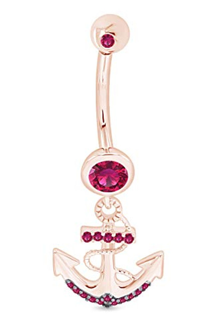 Round Shape Simulated Ruby Anchor Dock Belly Navel Ring in 14K Rose Gold Over Sterling Sliver Round Shape Simulated Ruby Anchor Dock Belly Navel Ring in 14K Rose Gold Over Sterling Sliver