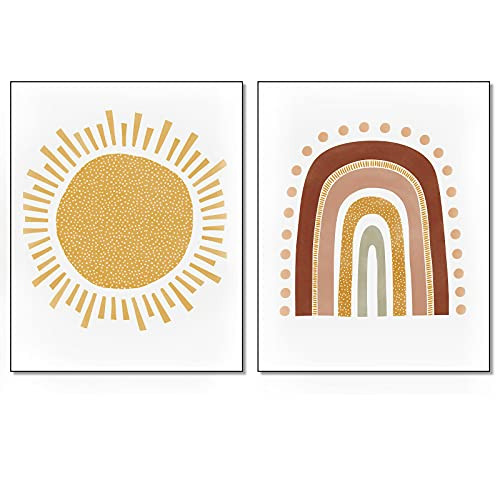 Trendy Boho Rainbow Sun Nursery Baby Decor Canvas Painting Pictures Wall Art Posters Prints for Kids Baby Room Home Decor 12x16inchx2 No Frame