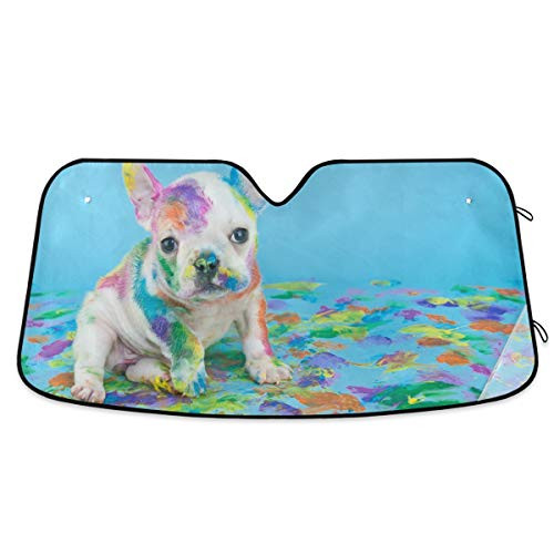 YYZZH French Bulldog Colorful Paint Car Windshield Sun Shade Block UV Rays Sun Visor Protector Accordion Folding Sunshade Keep Vehicle Cool and Damage Free-Easy to Use-Fits Windshields of Various Sizes