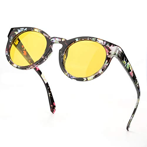 SODQW Round Night-Vision Driving Anti-Glare Glasses- HD Sight Polarized Yellow Night Guide Rainy Safe Glasses -A4 Floral Frame/Yellow Night-driving Glasses- SODQW Round Night-Vision Driving Anti-Glare Glasses- HD Sight Polarized Yellow Night Guide Rainy Safe Glasses -A4 Floral Frame/Yellow Night-driving Glasses-