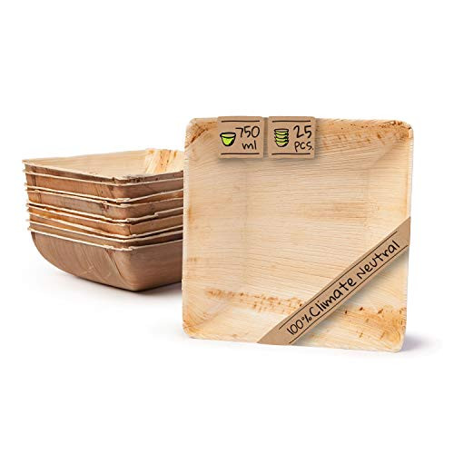 BIOZOYG Environmentally Disposable Tableware Made Out of Palm Leaves I 25 Pieces Palm Leaf Bowls 750ml 18cm Square I Disposable Salad Bowl- Dip Soup Bowl- Serving Bowls- Snack Trays