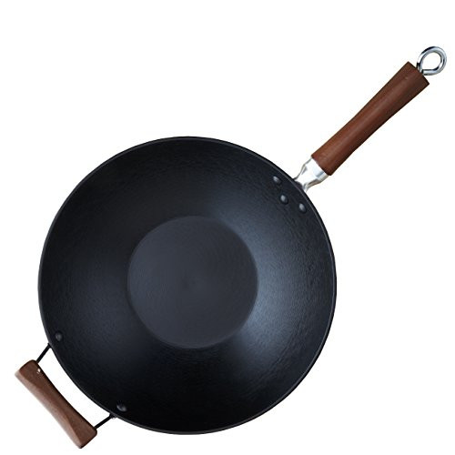 IMUSA USA GKG-61021 Light Cast Iron Wok with Wood Handles 14-Inch, Black