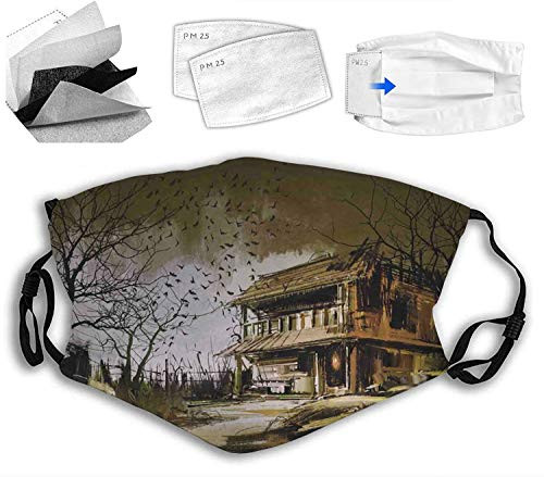 Comfortable Windproof mask-Old Haunted Abandoned Wood House at Dark Night with Bats Scary Horror Paint -Printed Facial Decorations for Adult