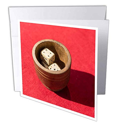 3dRose Alexis Photography - Objects Misc. - Wooden Dices in a Wooden Mug on a Table Covered with red Cloth - 6 Greeting Cards with envelopes -gc-308483-1-