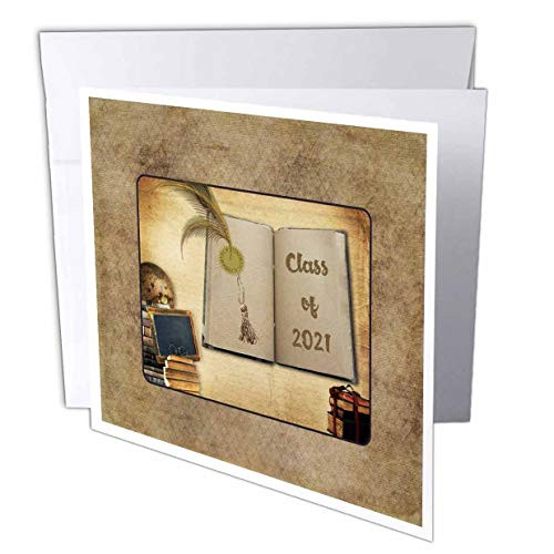 3dRose Image of Vintage Globe- Blackboard- Pen- Tassel on Open Book. - Greeting Cards -gc-346194-1-