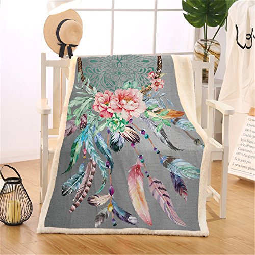 BlessLiving Dream Catcher Blanket Sherpa Flannel Fleece Reversible Blanket Native American Feathers Print Bed Couch Blankets and Throws (Twin, 60 x 80 Inches, Gray)