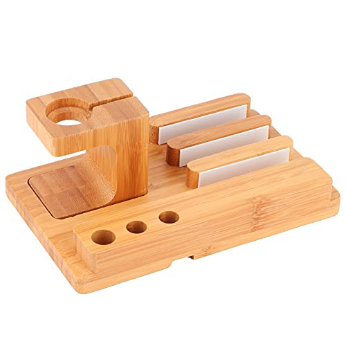 Zerodis Bamboo Charging Station Organizer for Multiple Devices  and  Wood Desktop Docking Charging Stand Organizer for Cell Phone- Tablets- Watch