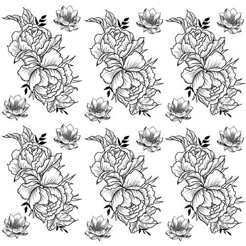 Black Peony Flower Tattoos- Large Sketch Flower Tattoo Stickers - Fake Peony Floral Arm Chest Shouder Temporary Tattoos for Women Girls Lady