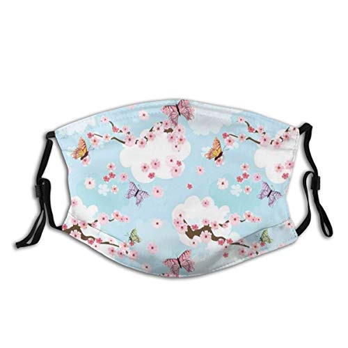 Reusable Face Shield Mouth Scraf-Spring Flower With Birds And Butterflies Freshening Sublime Sky Scenery Charm Print