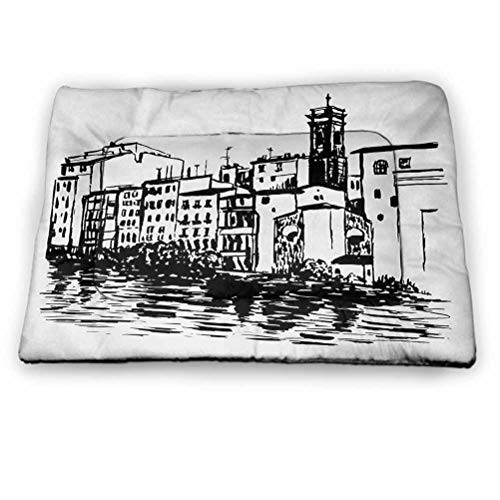 DayDayFun European Pet Placemat Venice City Sketch Style Hand Drawn Historical Buildings Tourist Town Picture Waterproof and Urine-Proof Pet Mat Black White Size 18"x12"