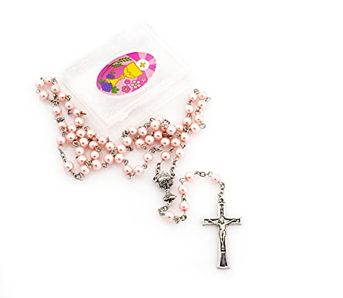 First Communion Bible Rosary Box and Bright Pink Rosary Necklace Gift Set Includes an Acrylic Bible Shaped Clear Rosary Box and a Pink Pearl round Beads Silver Metal Rosary with Silver Tone Chalice Centerpiece