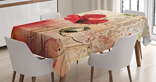 Ambesonne Flower Tablecloth- Red Poppy Flower Paint Brush Effect Beige Floral Design Digital Art Print- Dining Room Kitchen Rectangular Table Cover- 52" X 70"- Red Ivory