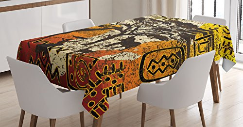 Ambesonne African Tablecloth- Animals Safari Theme Cultural Art Grunge Bohemian- Rectangular Table Cover for Dining Room Kitchen Decor- 52" X 70"- Orange Yellow