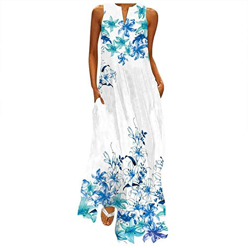 Womens Plus Size Long Maxi Dresses Summer Casual Boho V Neck Sleeveless Loose Maxi Dress with Pockets