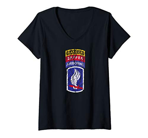 Womens 173rd Airborne Div Patch Ranger Sapper Tab - Distressed V-Neck T-Shirt