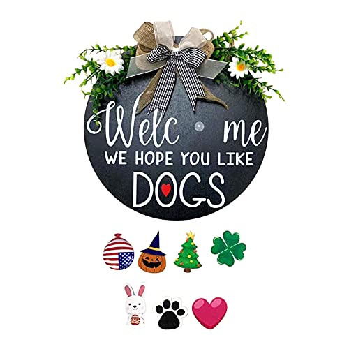 Interchangeable Pieces Welcome Sign for Front Door- Outdoor Round Wood Hanging Front Porch Decor Gnome Home Welcome Sign with Seasonal Interchangeable Holiday Decoration for Spring Summer -G-