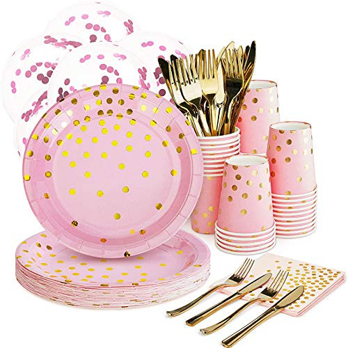 Pink and Gold Party Supplies Set - 168PCS Pink Paper Plates Disposable Dinnerware Set Dots 7  and  9 Paper Plates Napkins Cups Forks Knives Balloons Serve 24 Birthday Party Wedding Baby Shower