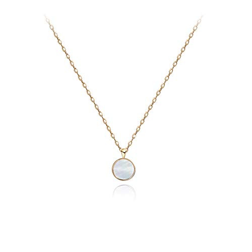 S.Leaf Tiny Round Mother of Pearl Necklace Sterling Silver Circle Disc Pendant Shell Pendant Necklace -yellow gold-