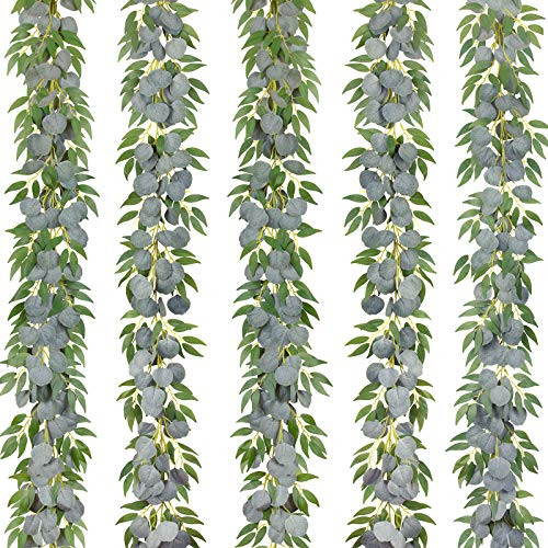 ZIFTY 5-Pcs 6.3FT Artificial Eucalyptus with Willow Garland Faux Vines Handmade Greenery Silver Dollar Leaves for Wedding Arch Backdrop Home Table Runner Garden Decor-Eucalyptus Willows-